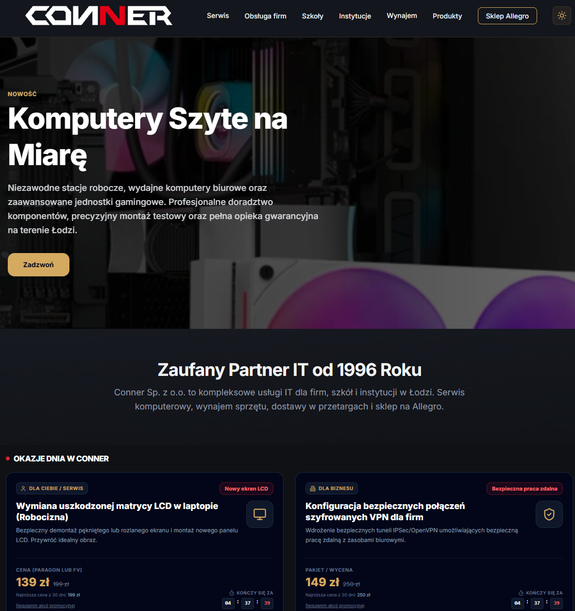 Zrzut ekranu nagłówka i sekcji głównej strony Conner