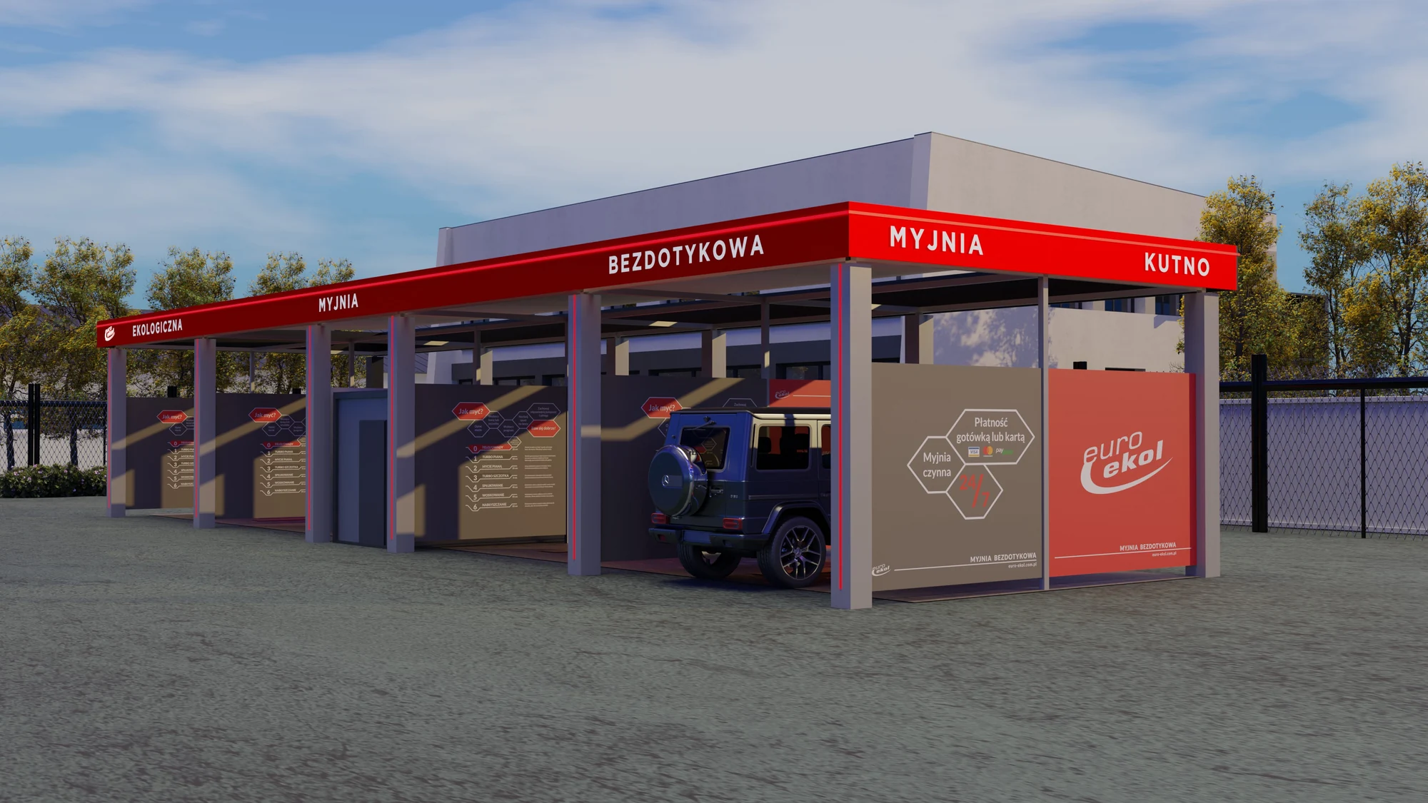 Wizualizacja 3D myjni bezdotykowej z oznaczeniem Kutno
